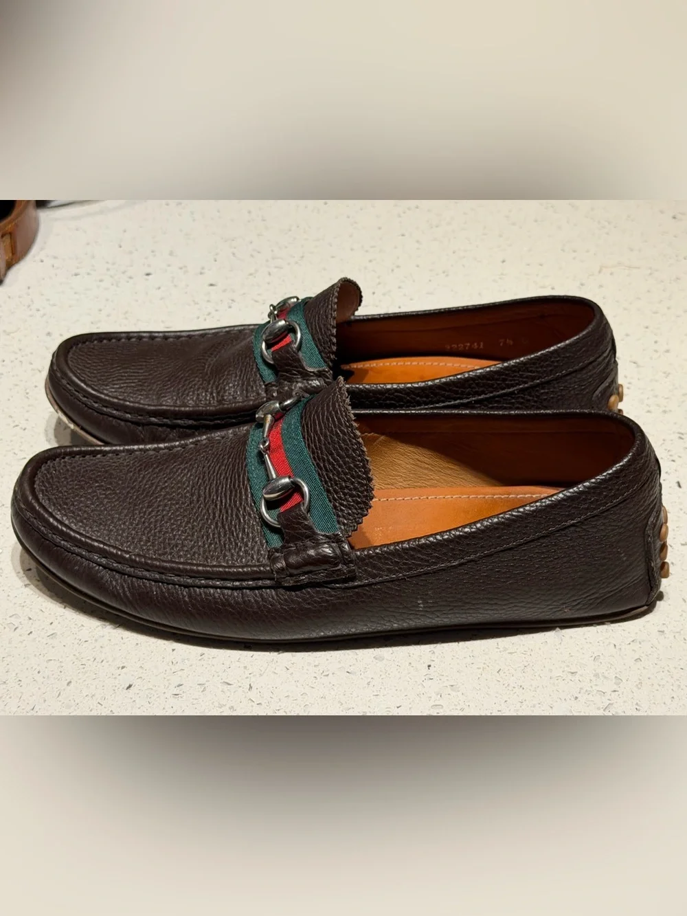 Gucci Dark Brown Pebbled Leather Bit Loafers with Green & Red Web